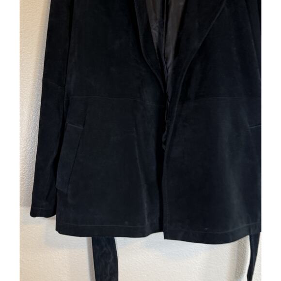 Margaret Godfrey Womens Large 100% Leather Suede Jacket Open Front Belted Black - Picture 3 of 9